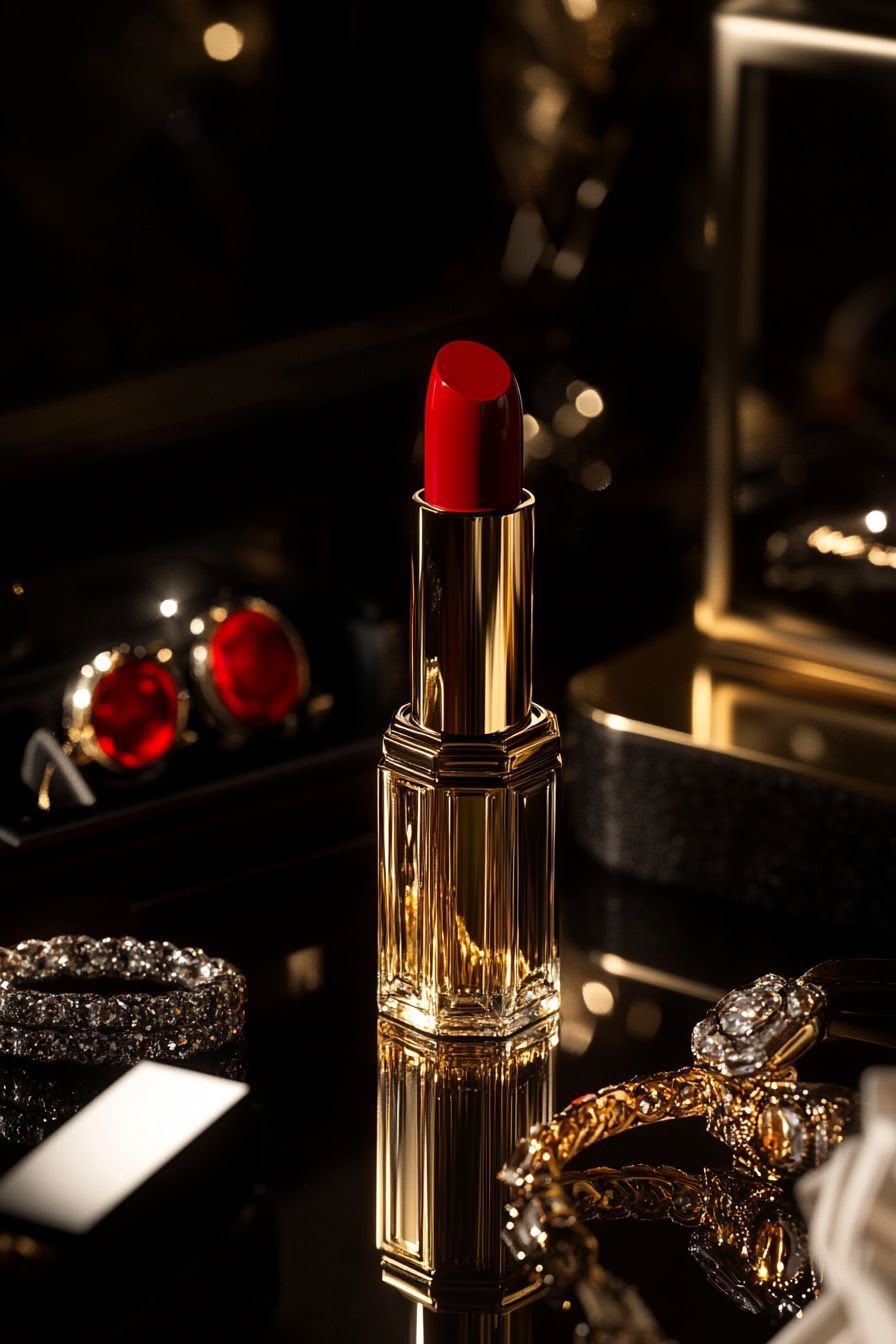 Modelo editorial con productos de belleza